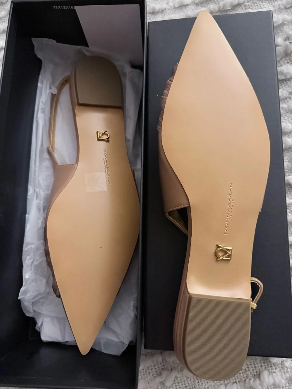 Donna Karan Tan Leather Pointed-Toe Slingback Flats with Gold Buckle